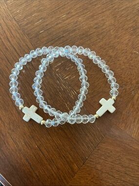 4/$20 bundle and save      Crystal Bead Cross Stretch Bracelets - Clear & White